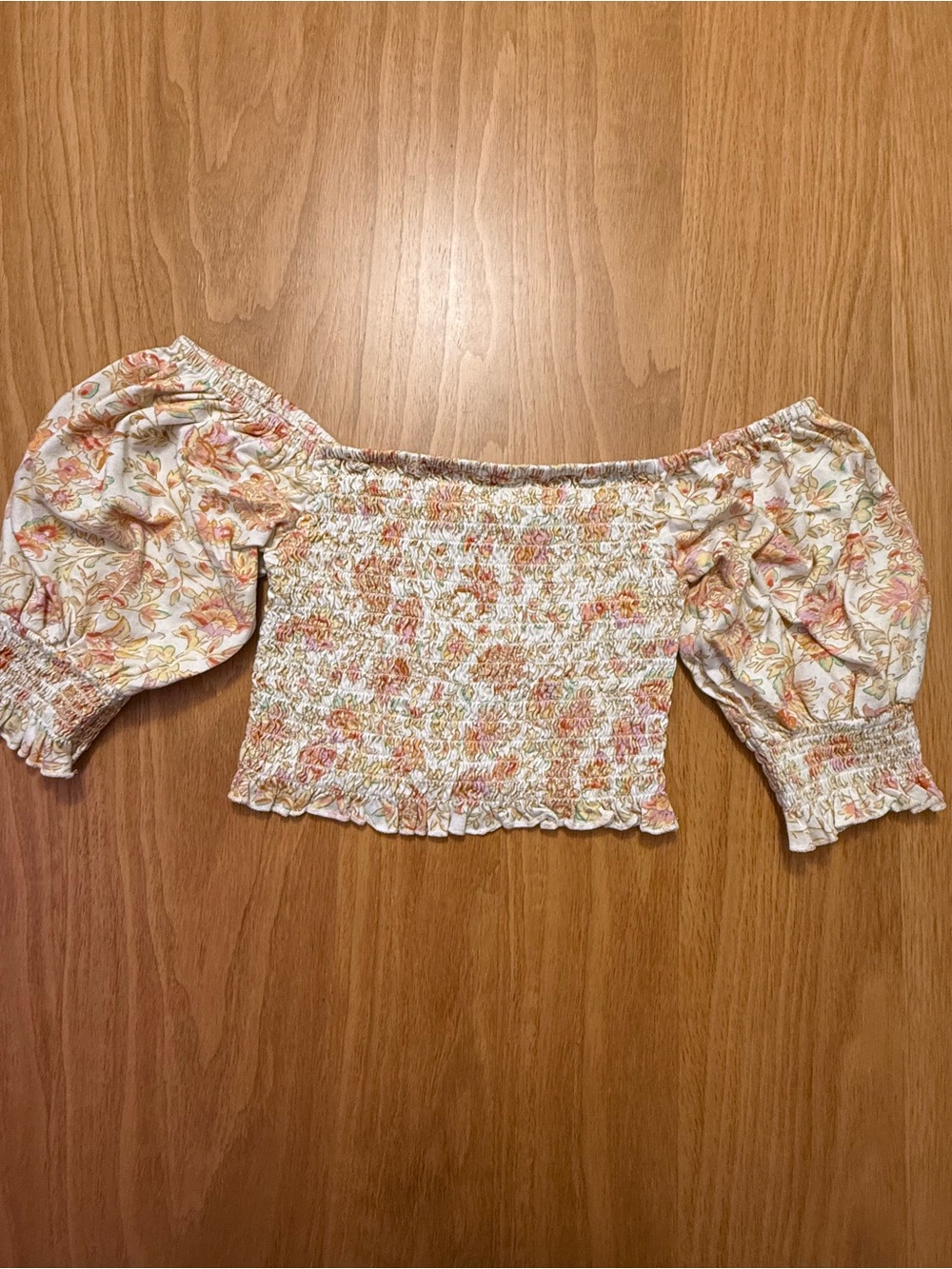 Billabong Floral Smocked Off-Shoulder Crop Top - White, Peach, Yellow